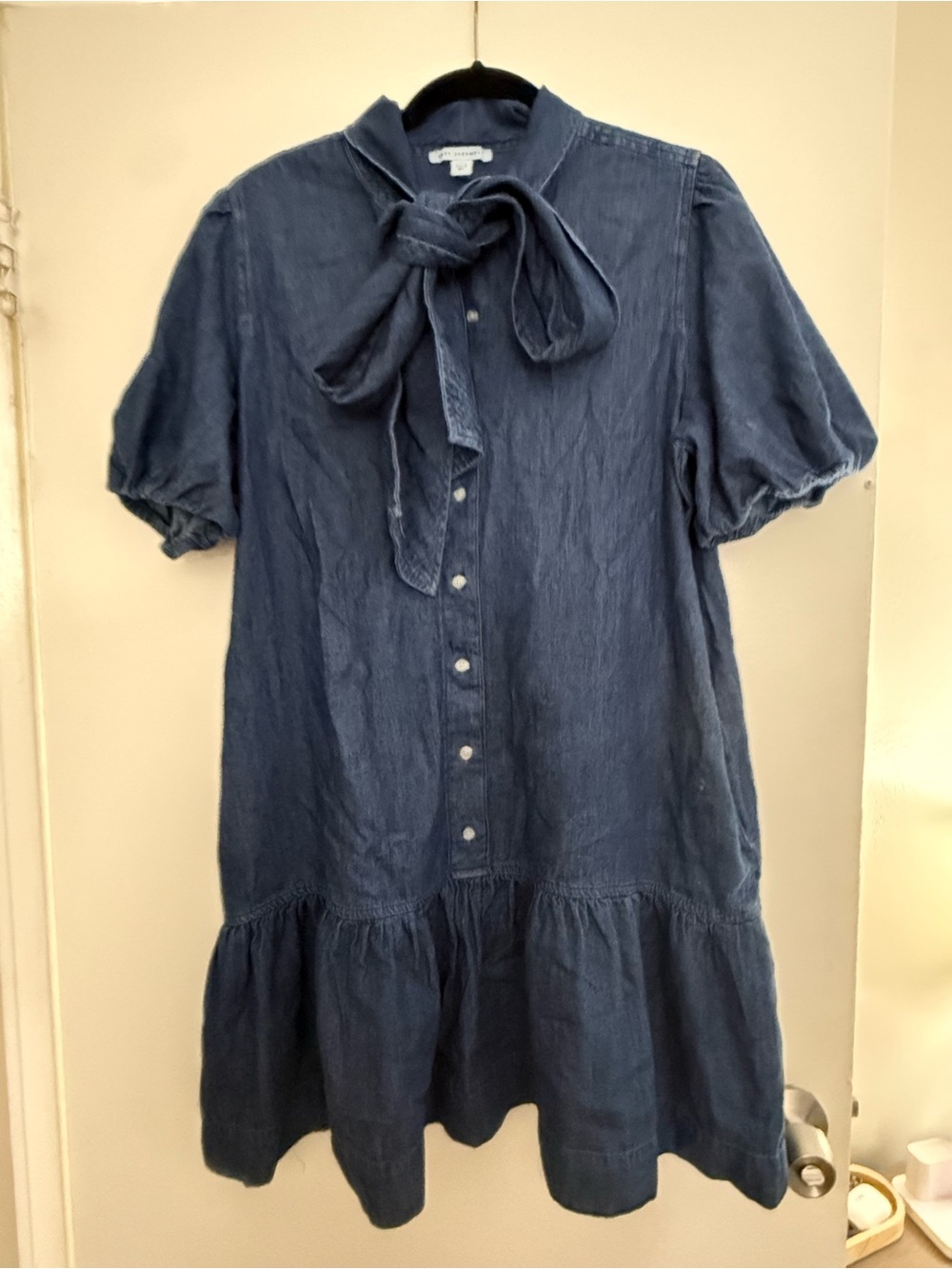 Tie-Neck Button Front Casual Dress in Navy Blue